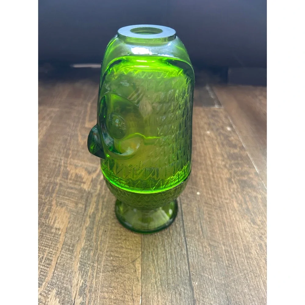 Vintage Viking Glass Green Owl Fairy Lamp MCM Avocado Glimmer Glass 2 Piece Set